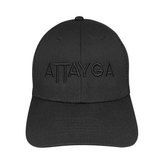 Attayga Black Trucker Cap, Front on.