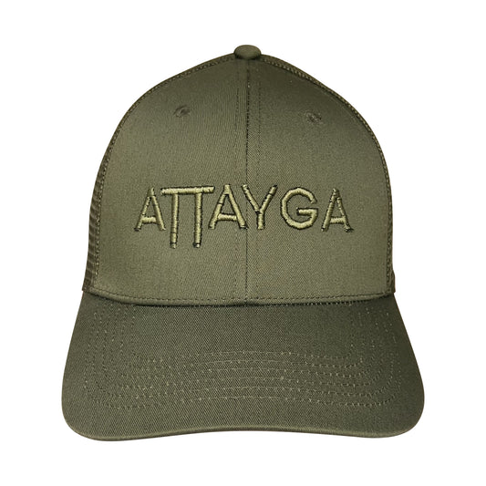 Attayga Olive Trucker Cap, Front on.